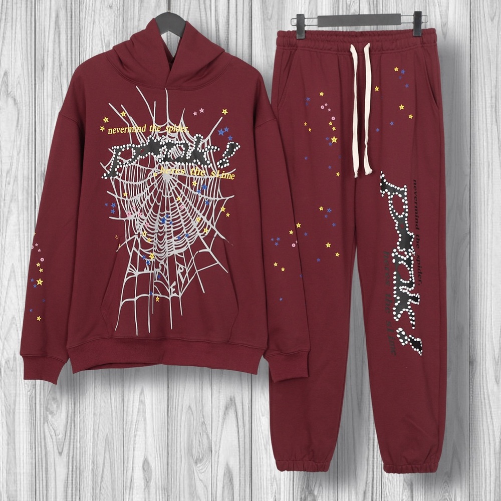 Burgundy Spider Web Hoodie and Joggers Set